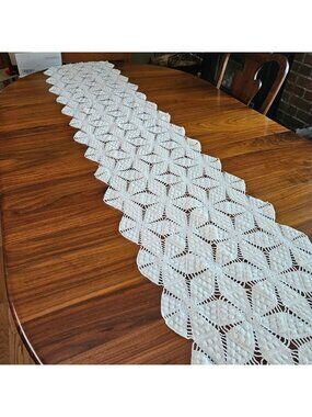 Vintage Crochet Table Runner Ivory Geometric Handmade Boho 16 x 112 in Long